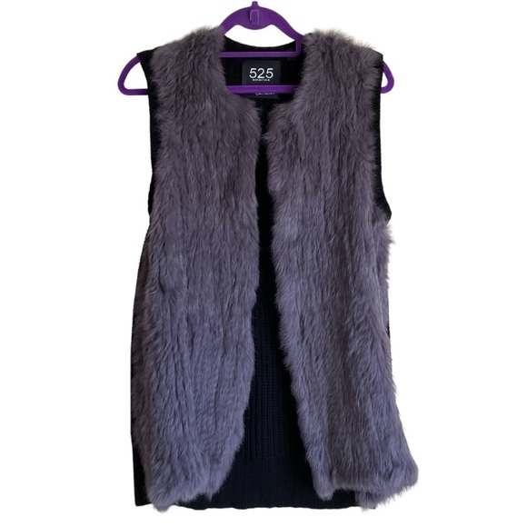 525 America Luxe Gray Rabbit Fur Open Front Vest With Chunky Knit Back Luxury M - Picture 6 of 16